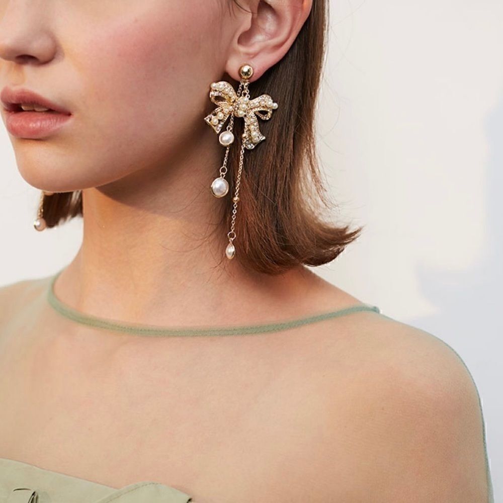 New pearl crystal inlaid bow tassel earrings